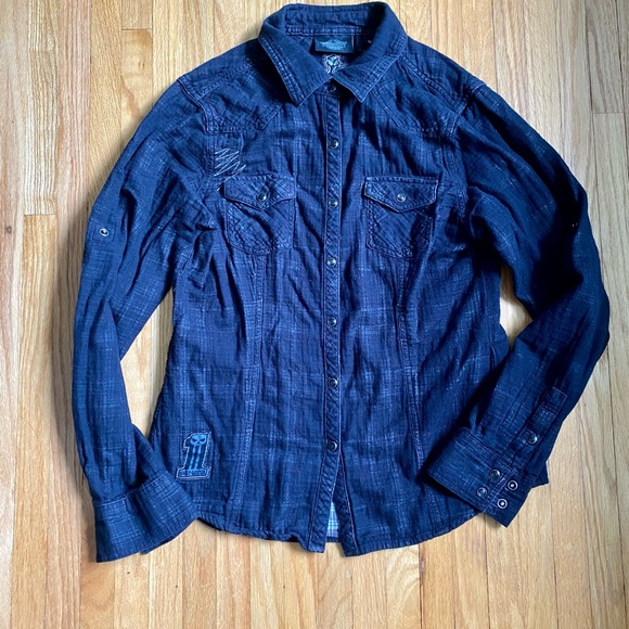 DEEP GREY PLAID HARLEY DAVIDSON COLLAR BUTTON UP WITH LONG SLEEVES - Picture 9 of 9